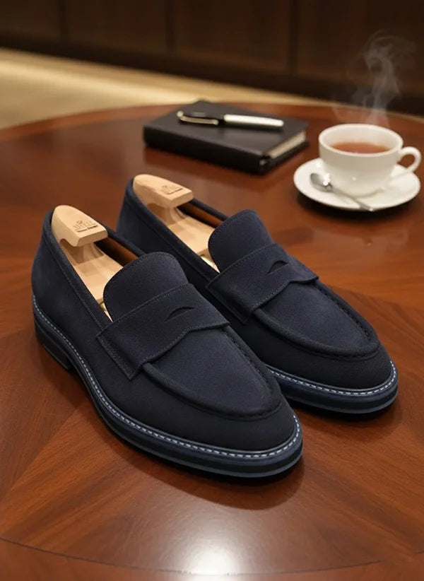 Navy Blue Suede Penny Loafers