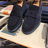 Navy Blue Suede Penny Loafers