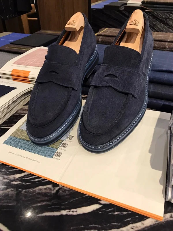 Navy Blue Suede Penny Loafers