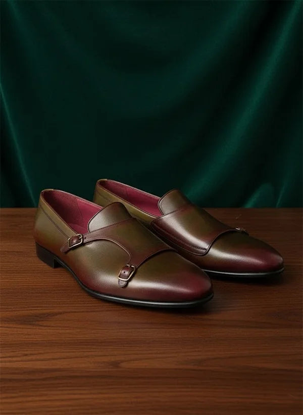 Burgundy Olive Double Monk Strap Shoes