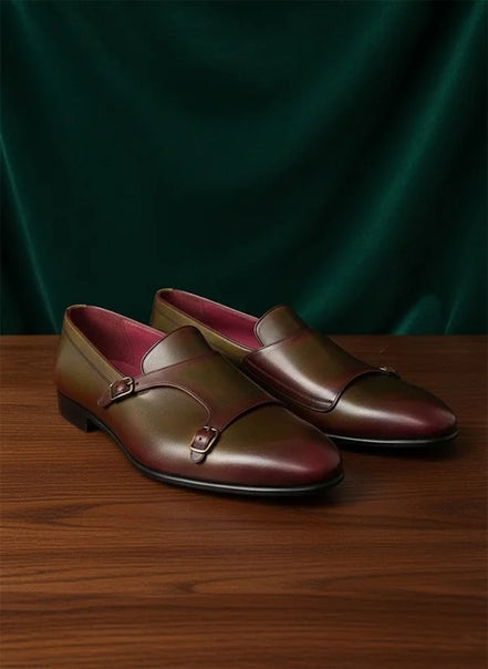 Burgundy Olive Double Monk Strap Shoes