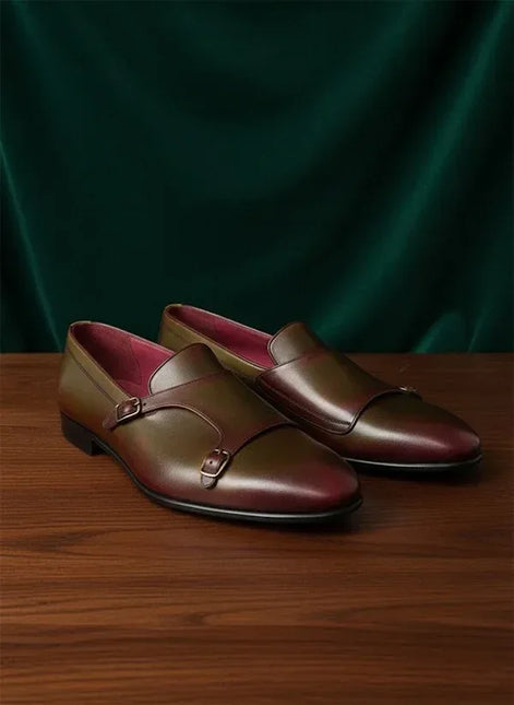 Burgundy Olive Double Monk Strap Shoes