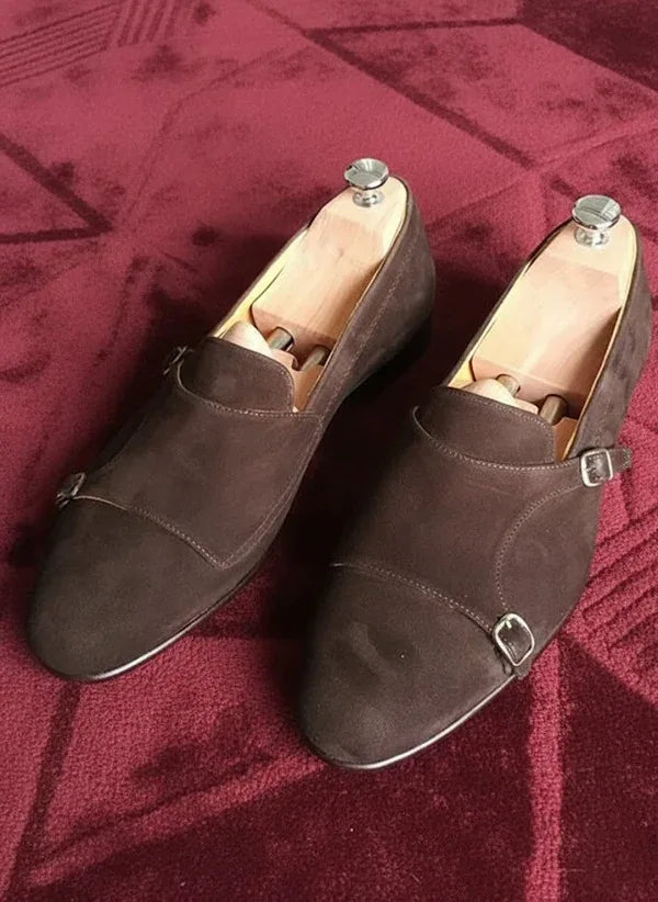 Suede Brown Double Monk Strap Shoes