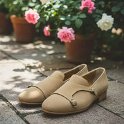 Suede Camel Double Monk Strap Shoes