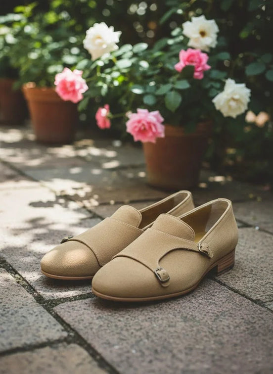 Suede Camel Double Monk Strap Shoes