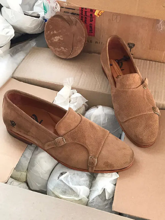 Suede Camel Double Monk Strap Shoes