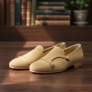 Suede Camel Double Monk Strap Shoes