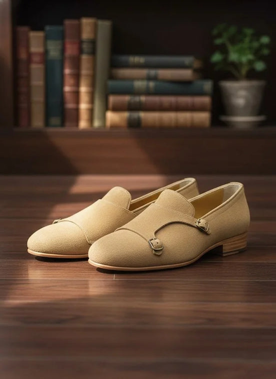 Suede Camel Double Monk Strap Shoes