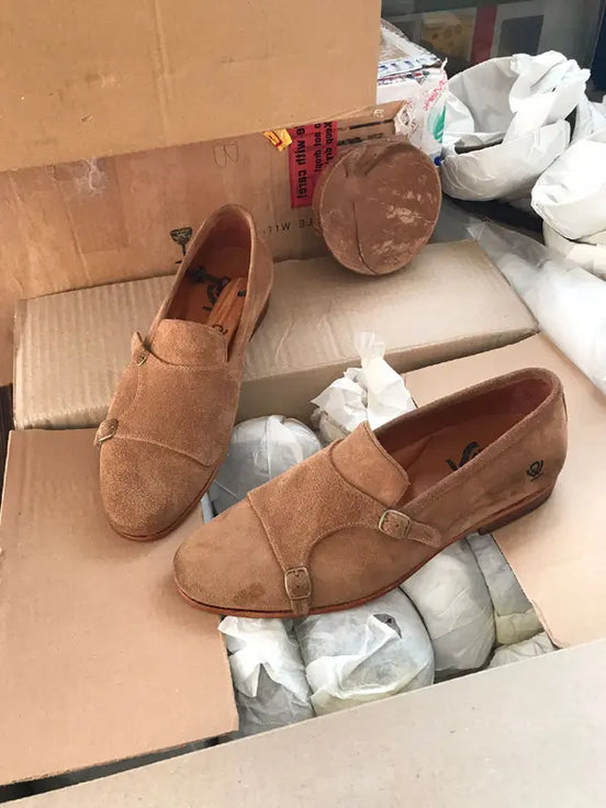 Suede Camel Double Monk Strap Shoes