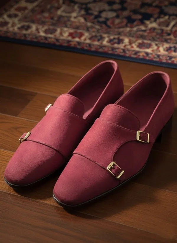 Suede Red Double Monk Strap Shoes