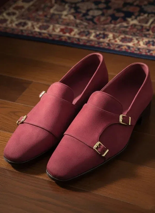 Suede Red Double Monk Strap Shoes