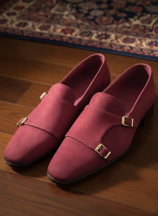 Suede Red Double Monk Strap Shoes