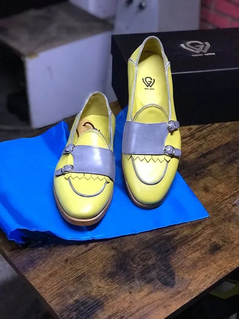 Blue and Yellow Leather Loafers