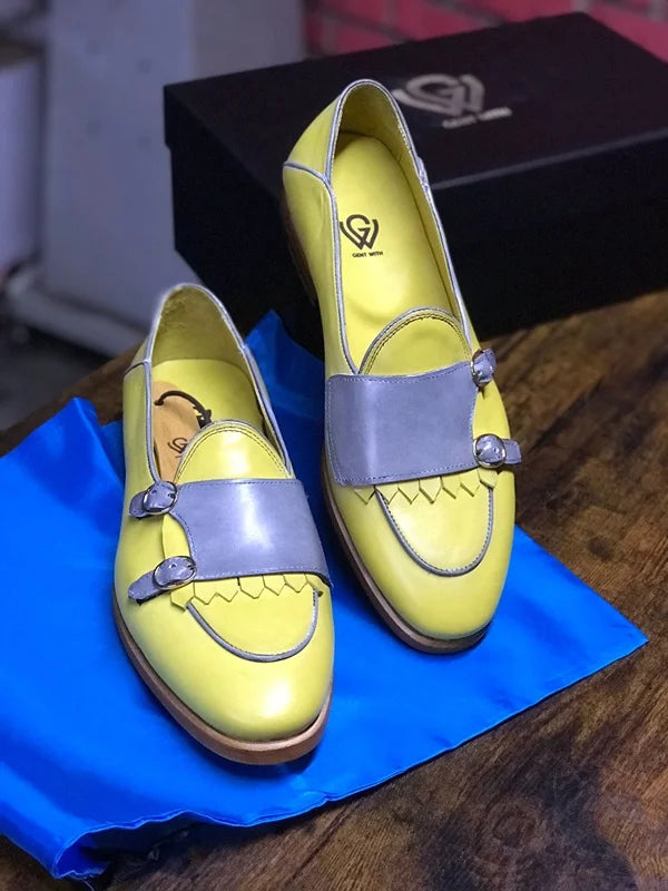Blue and Yellow Monk Strap Loafers