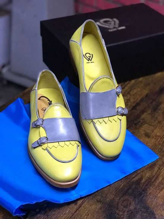 Blue and Yellow Monk Strap Loafers