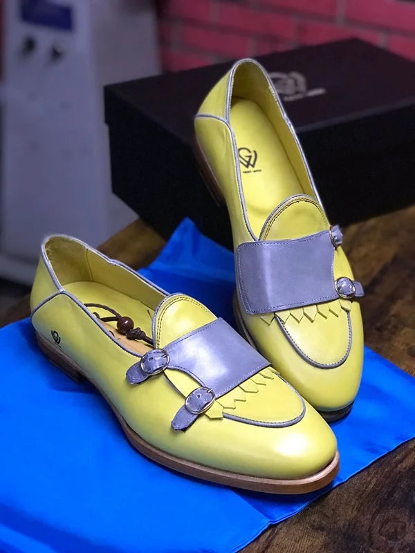 Blue and Yellow Monk Strap Loafers