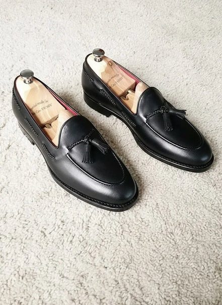 Black Tassel Leather Loafers