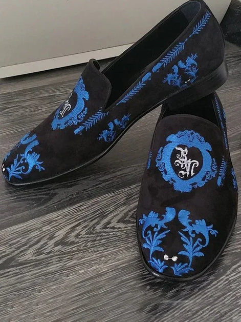 The Sumptuous Embroidered Black Suede Loafers