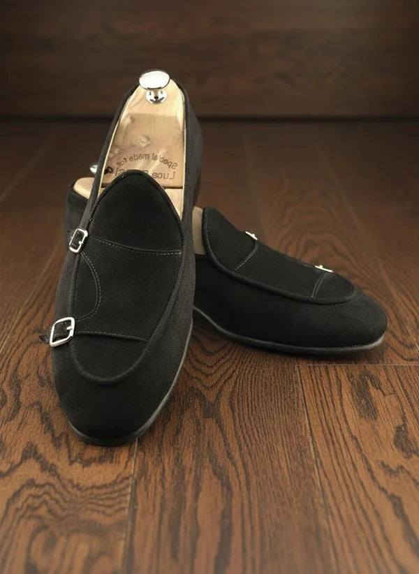 Suede Black Double Monk Strap Shoes