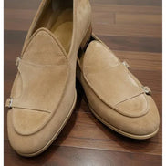 Suede Camel Double Monk Strap Shoes