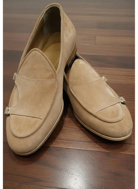 Suede Camel Double Monk Strap Shoes