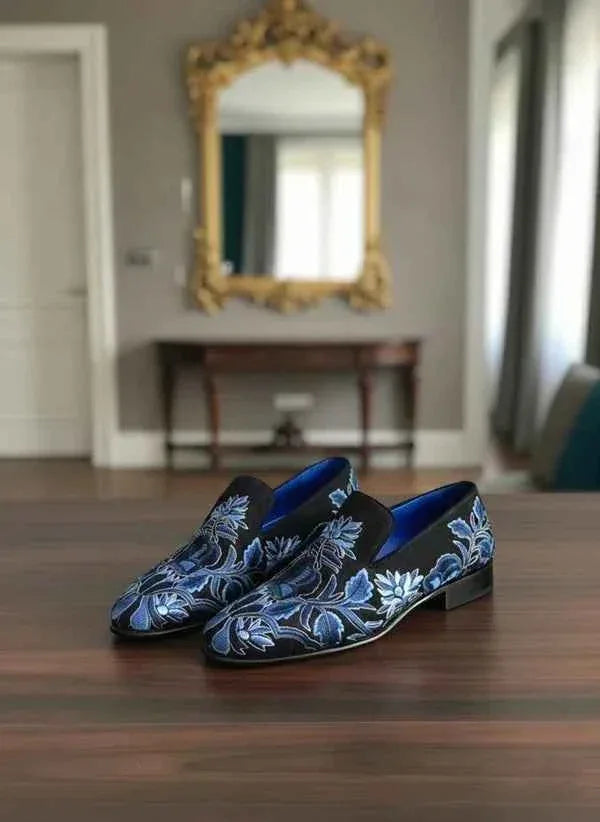 The Sumptuous Navy Blue Embroidered Loafers