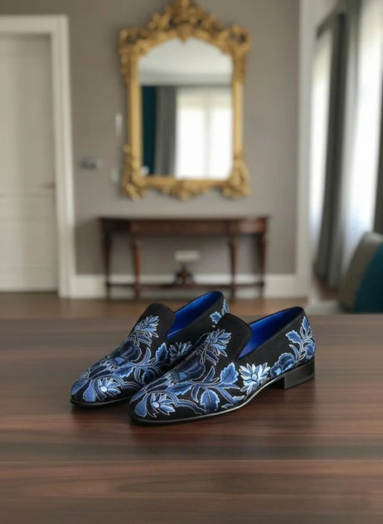 Navy Blue Embroidered Loafers