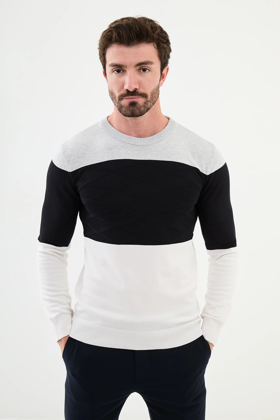 Ames Tri Color Crew Neck Wool Sweater - White