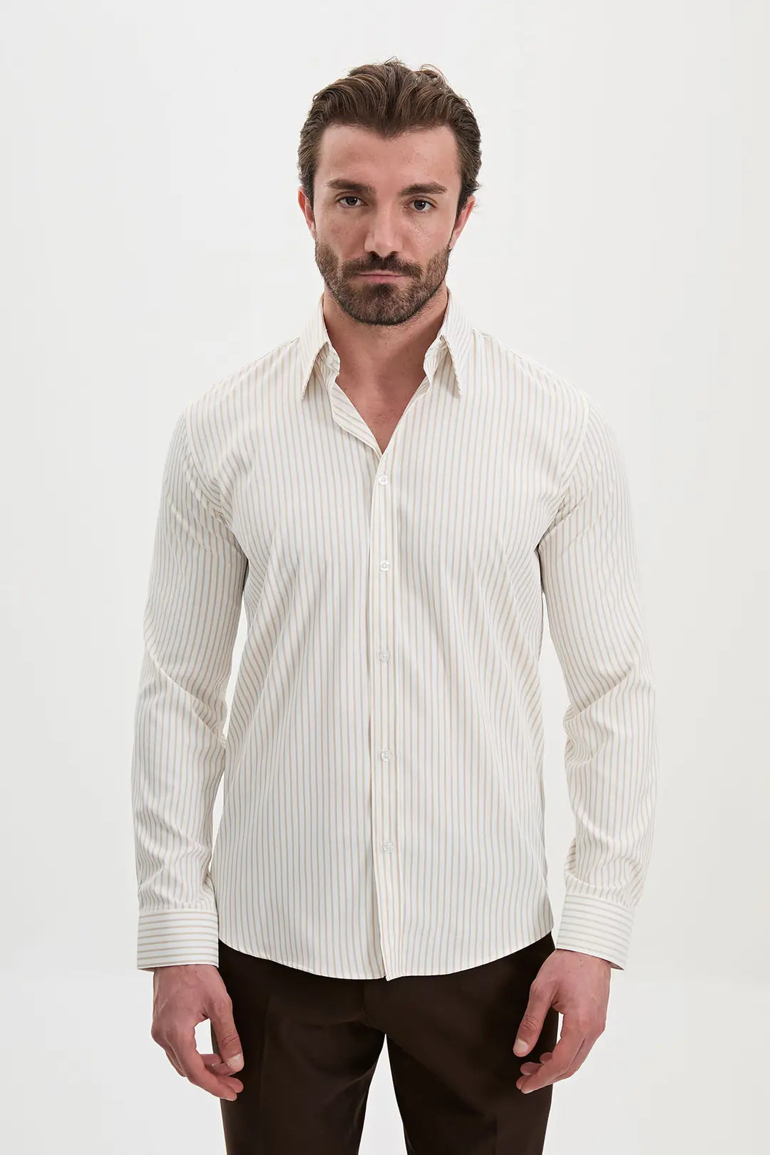Vertical Striped Dress Shirt Beige