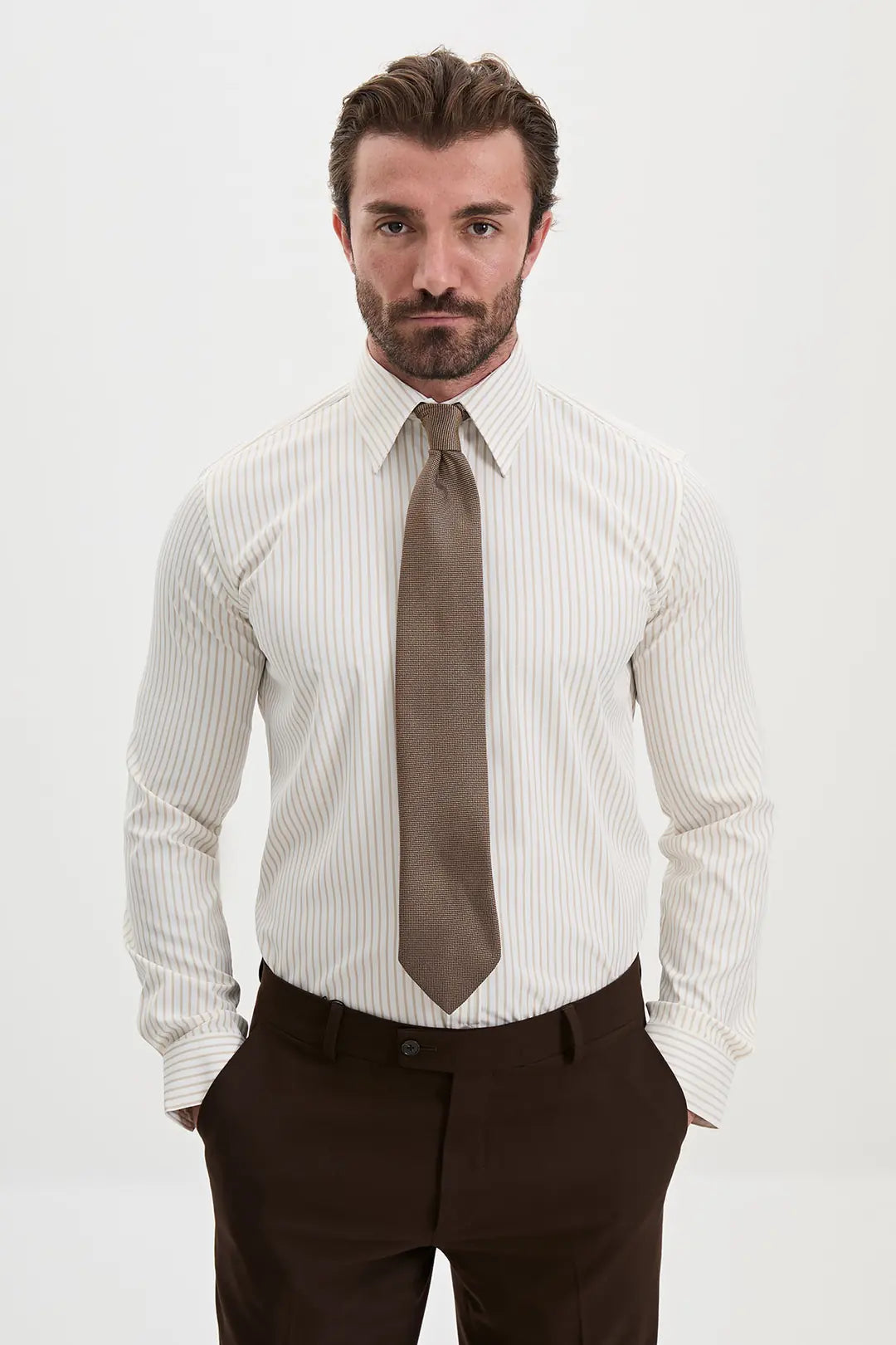 Beige Vertical Striped Dress Shirt