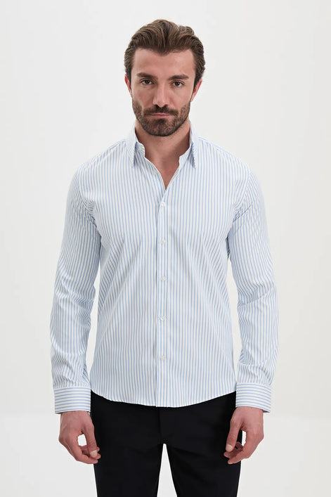 Vertical Striped Dress Shirt Blue