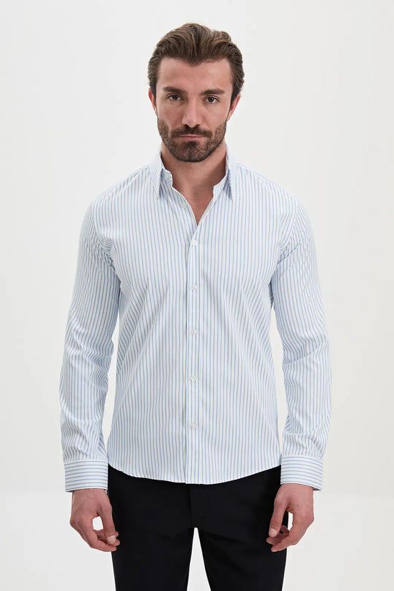 Vertical Striped Dress Shirt Blue