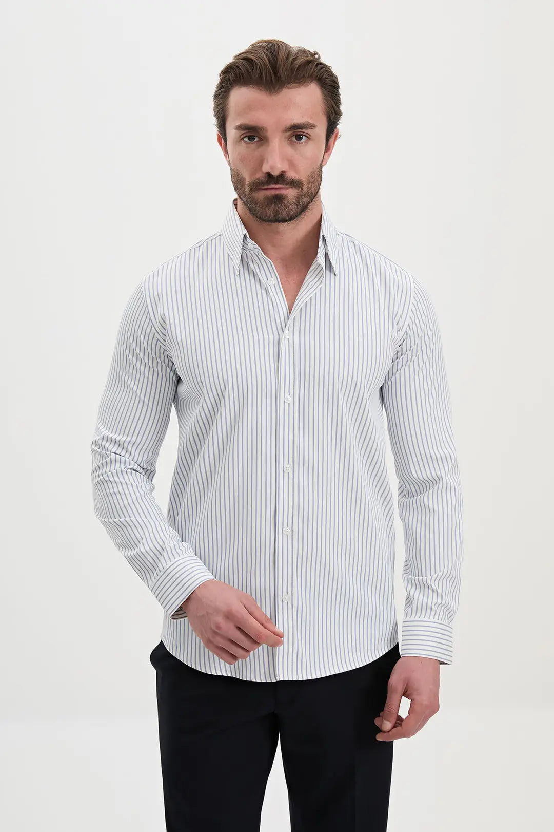 Navy Vertical Striped Dress Shirt