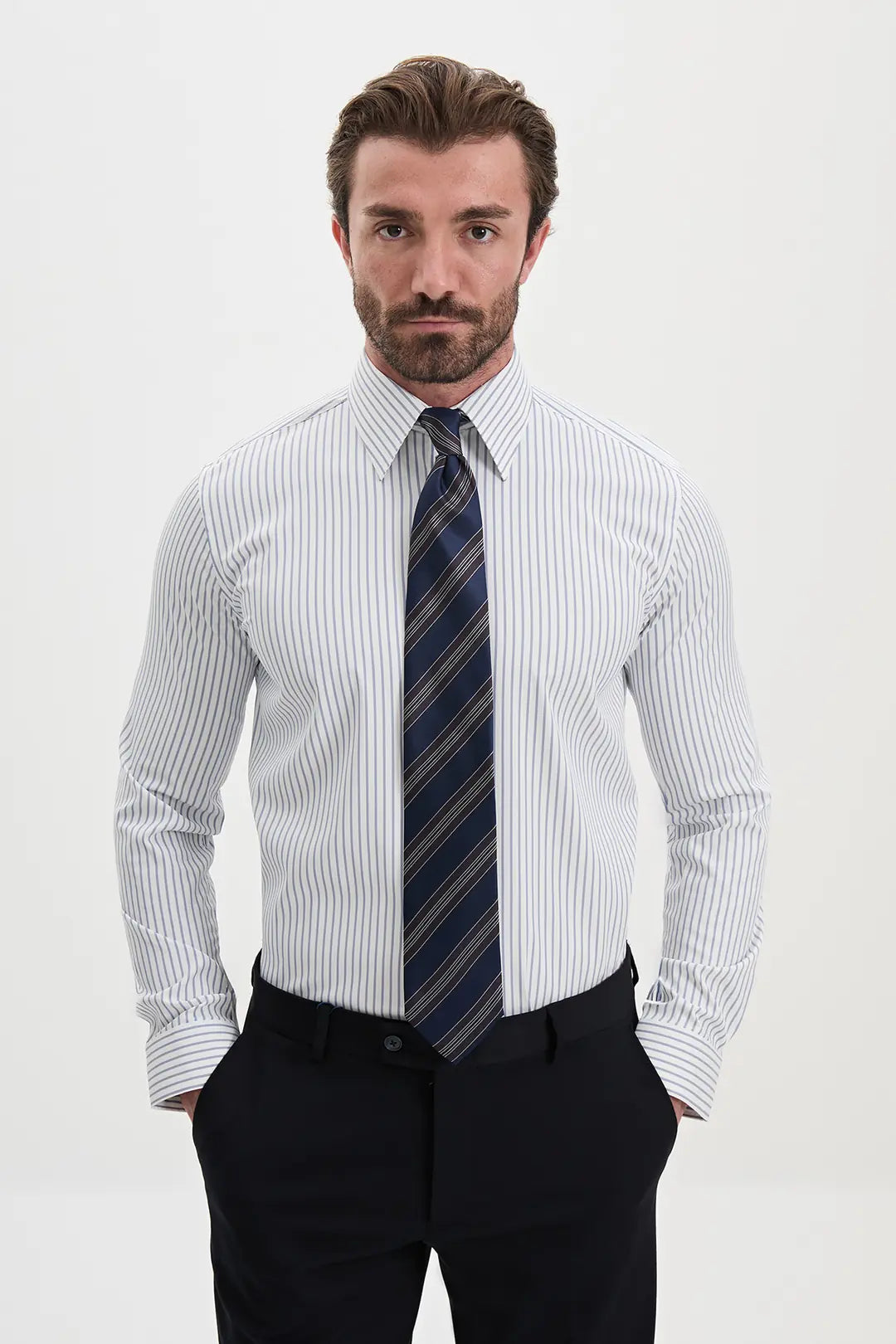 Vertical Striped Dress Shirt Navy