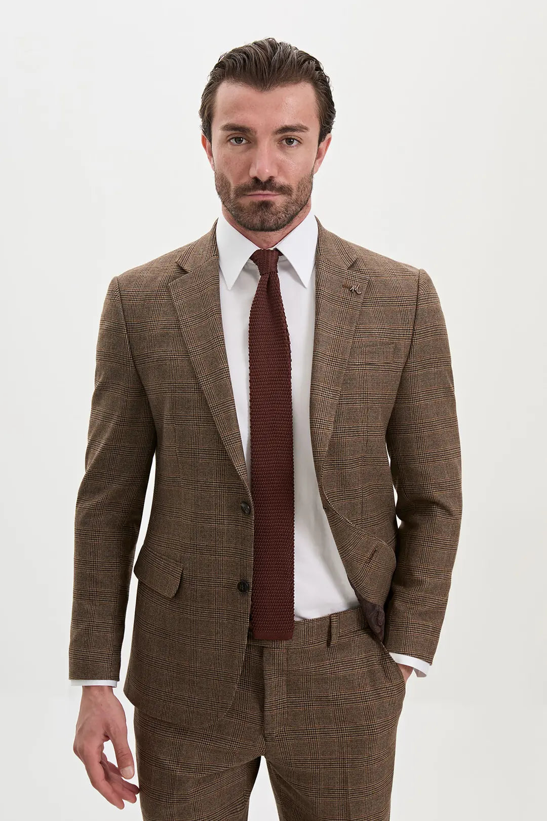Vintage Tweed Plaid Suit for Men Brown