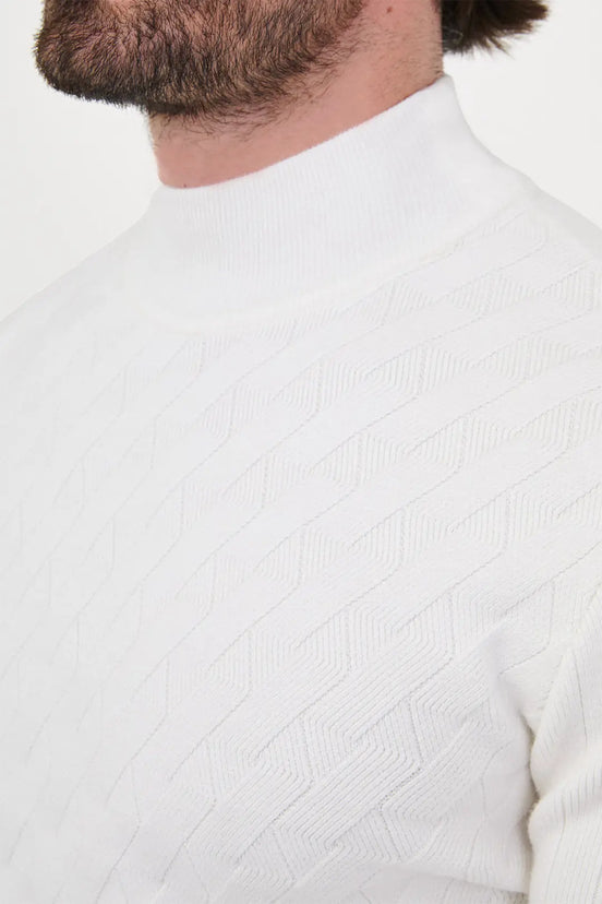 White Cashmere Chevron Mock Neck Sweater