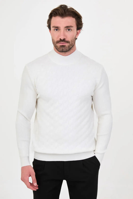 Cashmere Chevron Mock Neck Sweater White