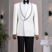 White Crystal Embellished Shawl Collar Tuxedo
