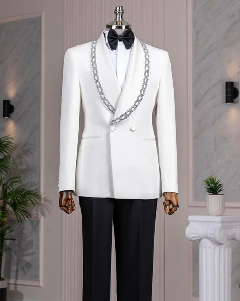 White Crystal Embellished Shawl Collar Tuxedo