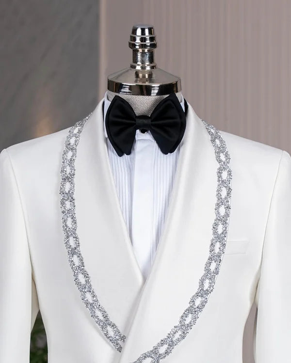 White Crystal Embellished Shawl Collar Tuxedo