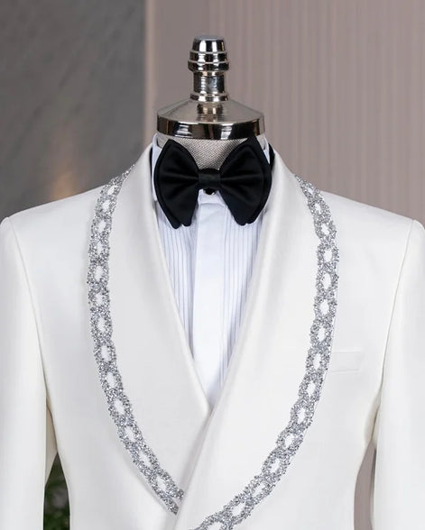 White Crystal Embellished Shawl Collar Tuxedo