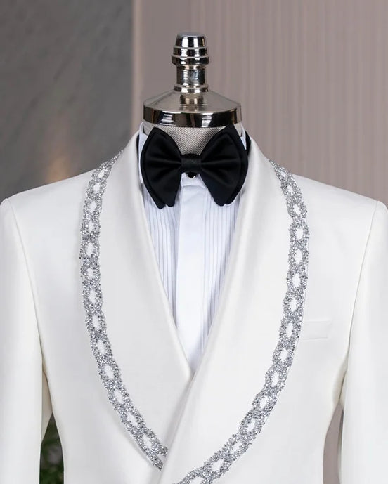 White Crystal Embellished Shawl Collar Tuxedo