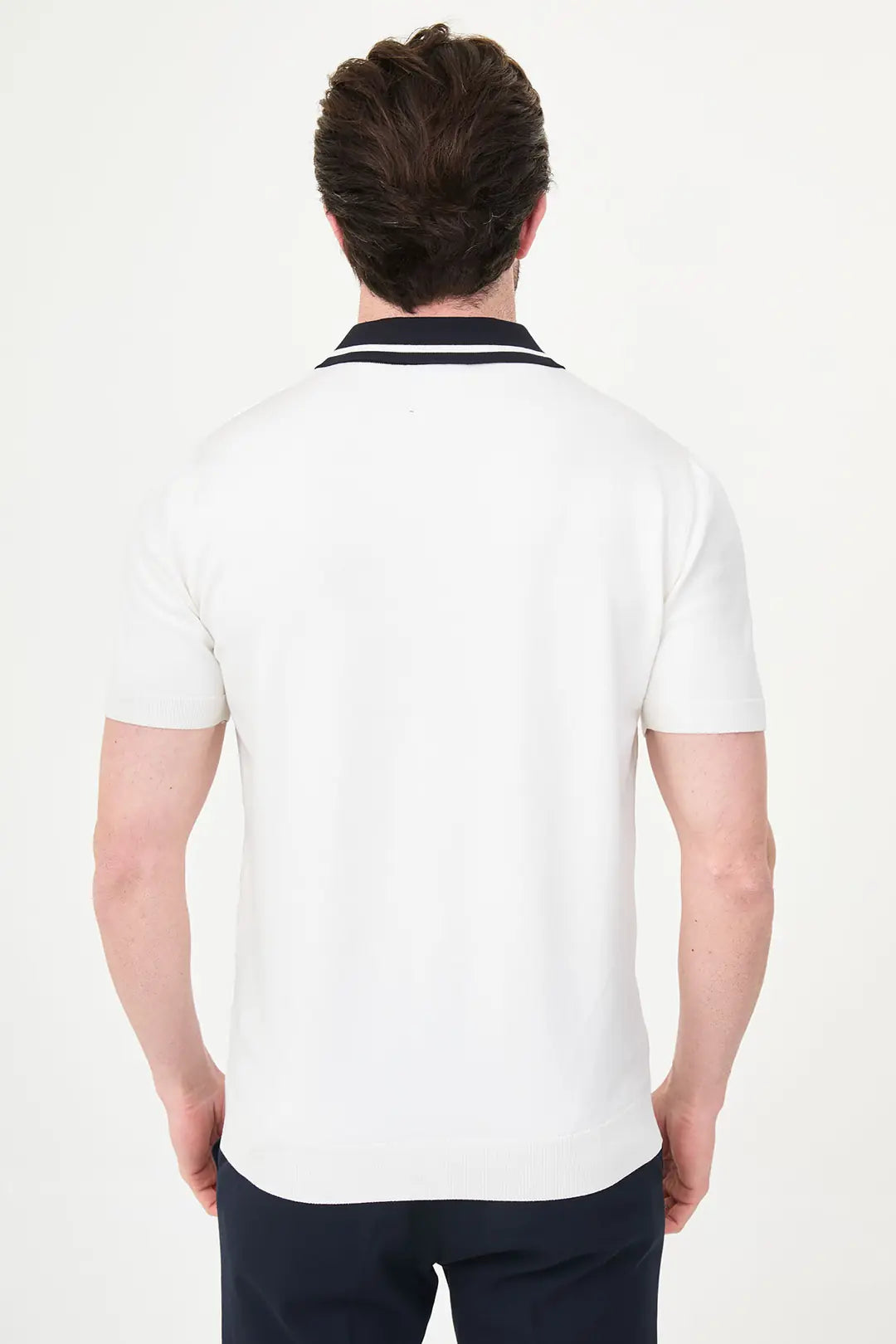 White Pointelle Knit Button-Down Polo Shirt
