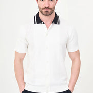 White Pointelle Knit Button-Down Polo Shirt