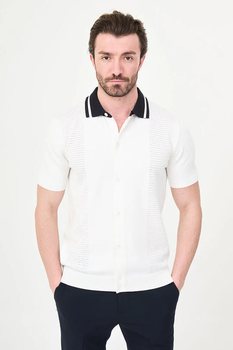 White Pointelle Knit Button-Down Polo Shirt