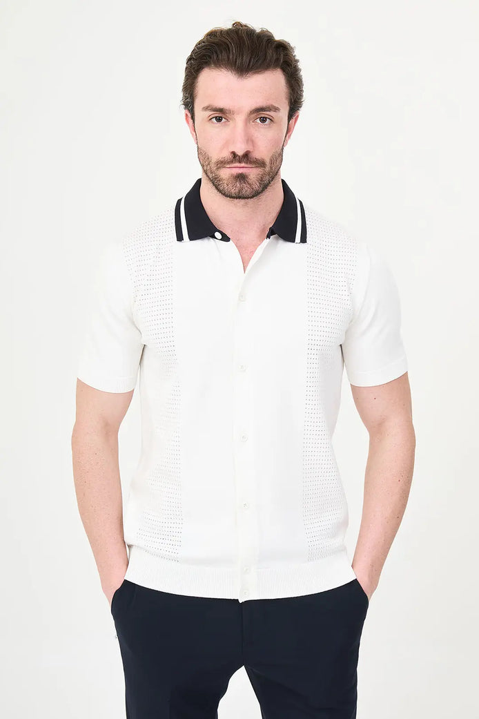 White Pointelle Knit Button-Down Polo Shirt