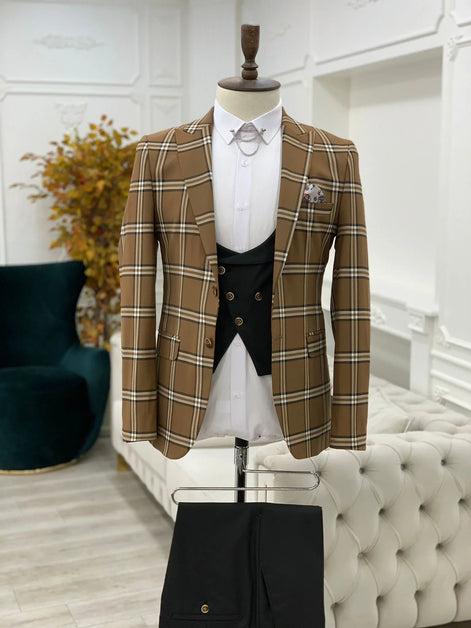 Whitney Brown Slim Fit Peak Lapel Plaid Suit