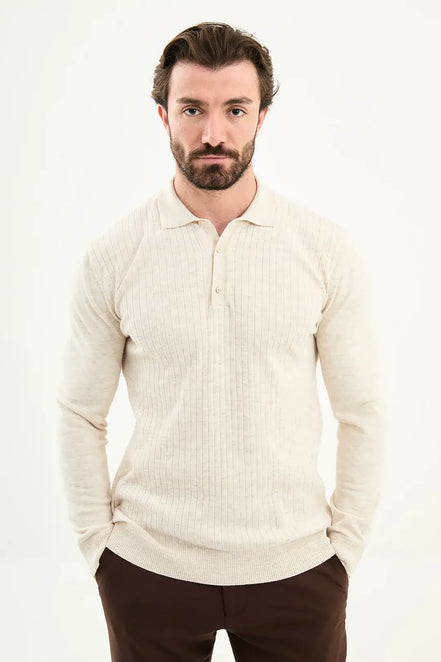 Beige Wool Polo Sweater