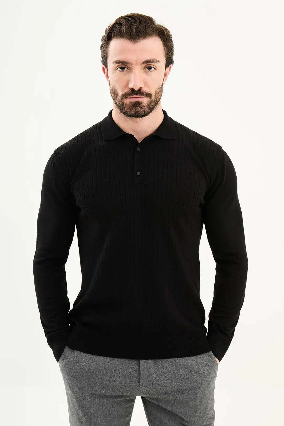 Black Wool Polo Sweater for Men