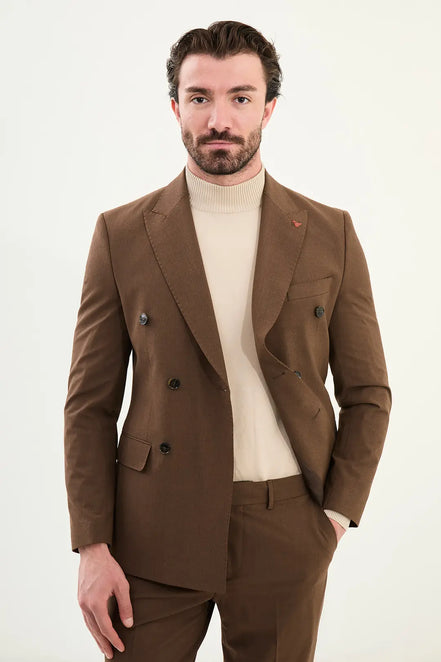 Brown Double Breasted Slim Fit Suit